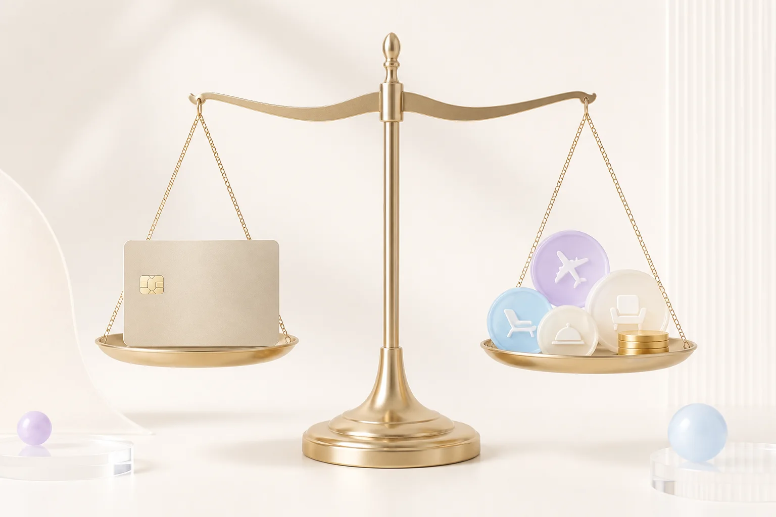 A gold balance scale comparing a credit card with its annual fee value