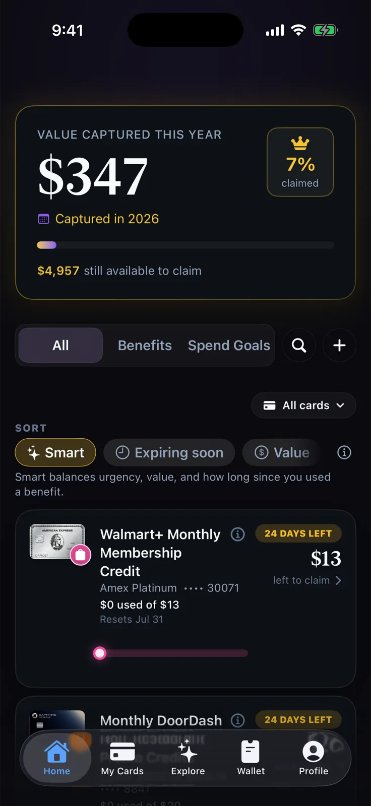 Creddy home screen showing benefit priorities