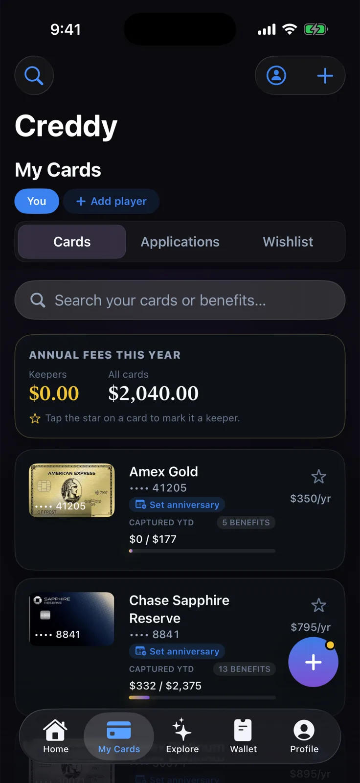 Creddy My Cards screen