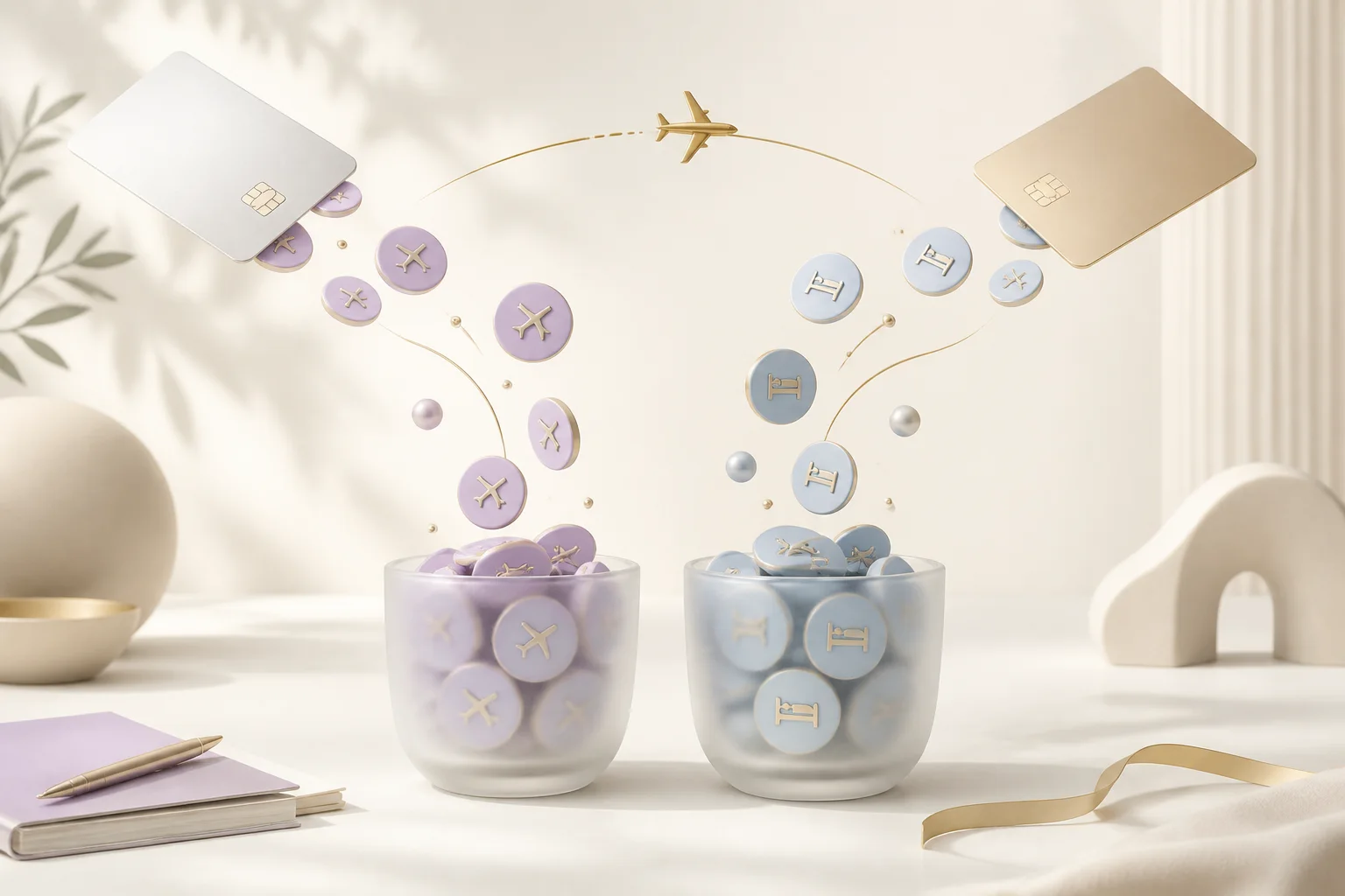 Credit cards and travel reward tokens flowing into organized points containers