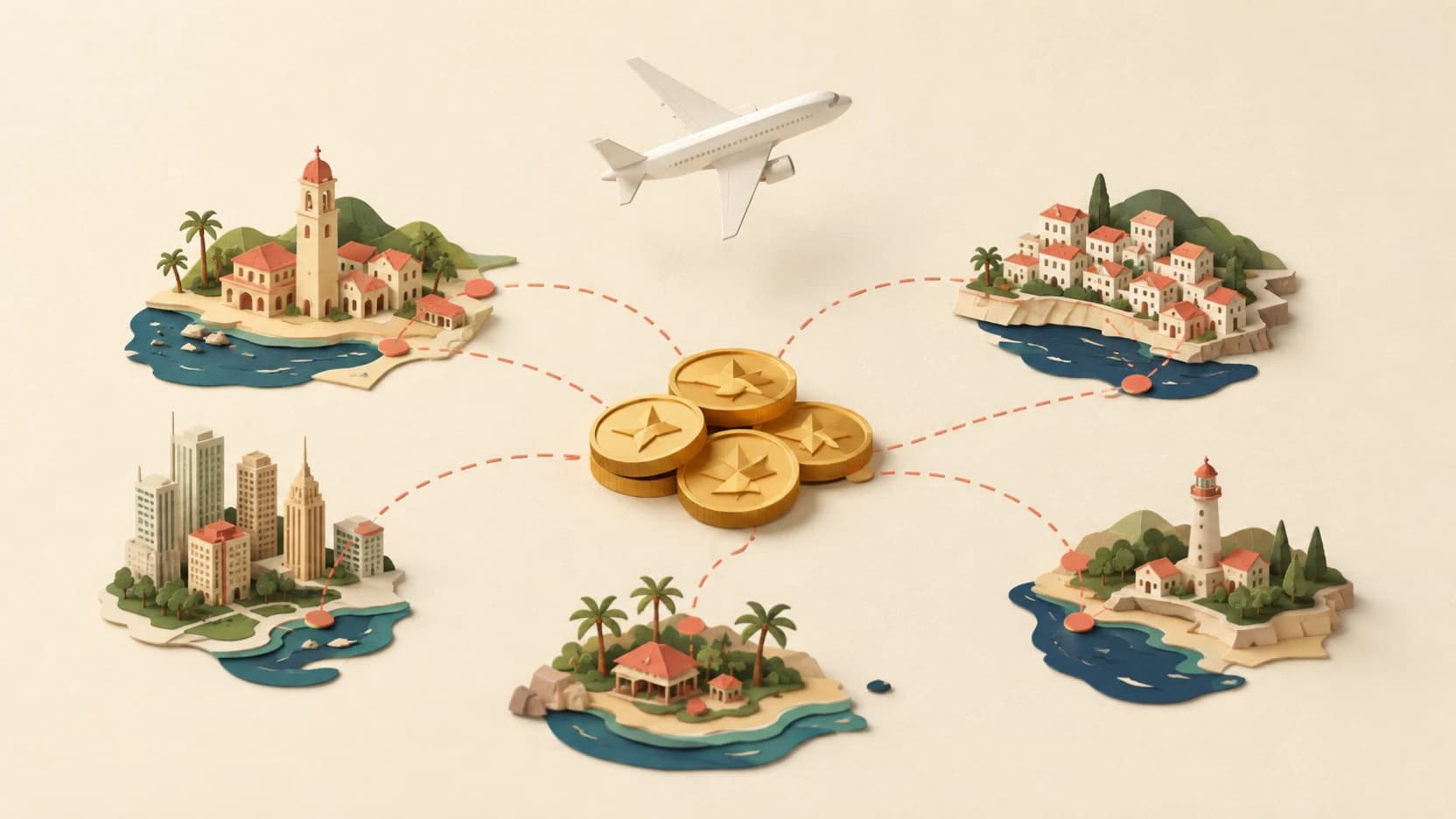 Short flight paths connect small city and coastal landscapes around a cluster of gold reward tokens.