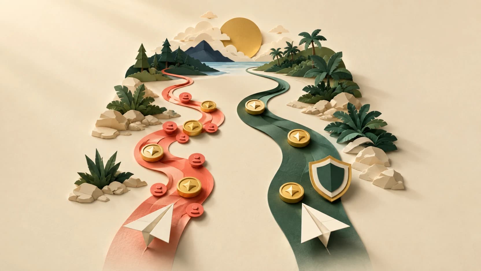 Two travel paths compare reward tokens with and without added coral fee markers.