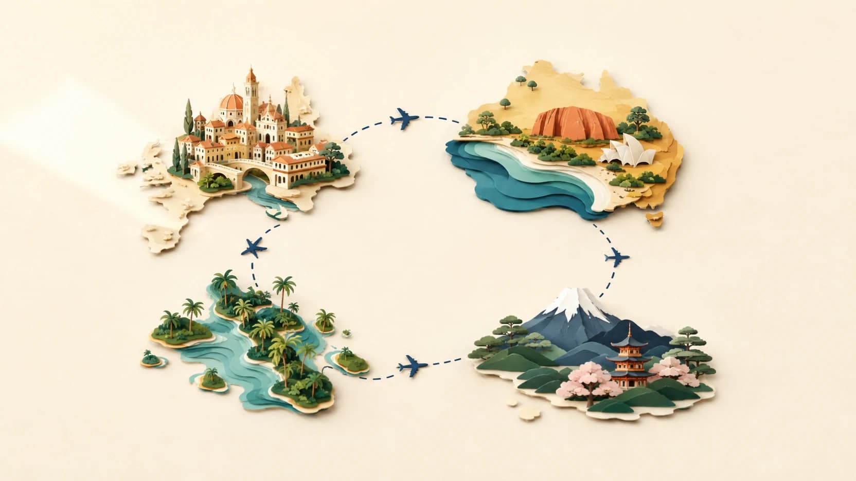 Four stylized regional landscapes are connected by short curved flight paths.