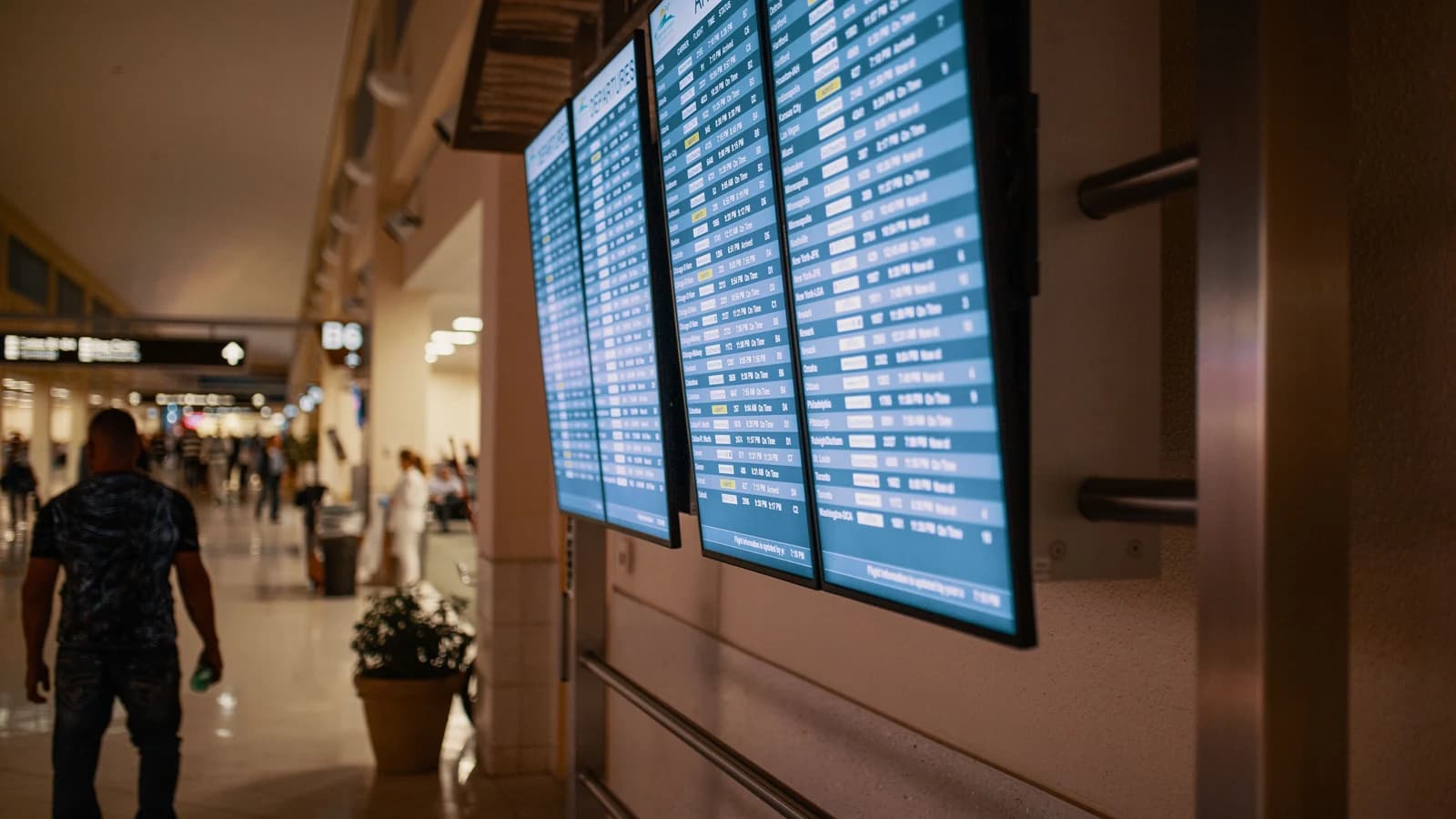 Airport terminal with digital flight information boards