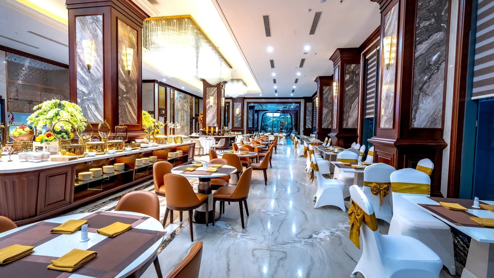 Elegant hotel dining room with a formal seating arrangement
