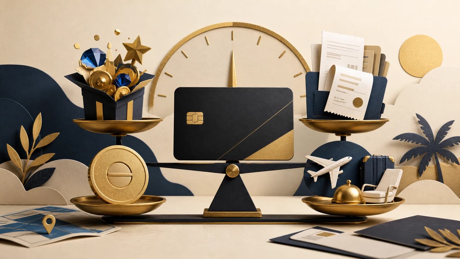 A balanced visual comparing rewards, expenses, fees, and travel benefits