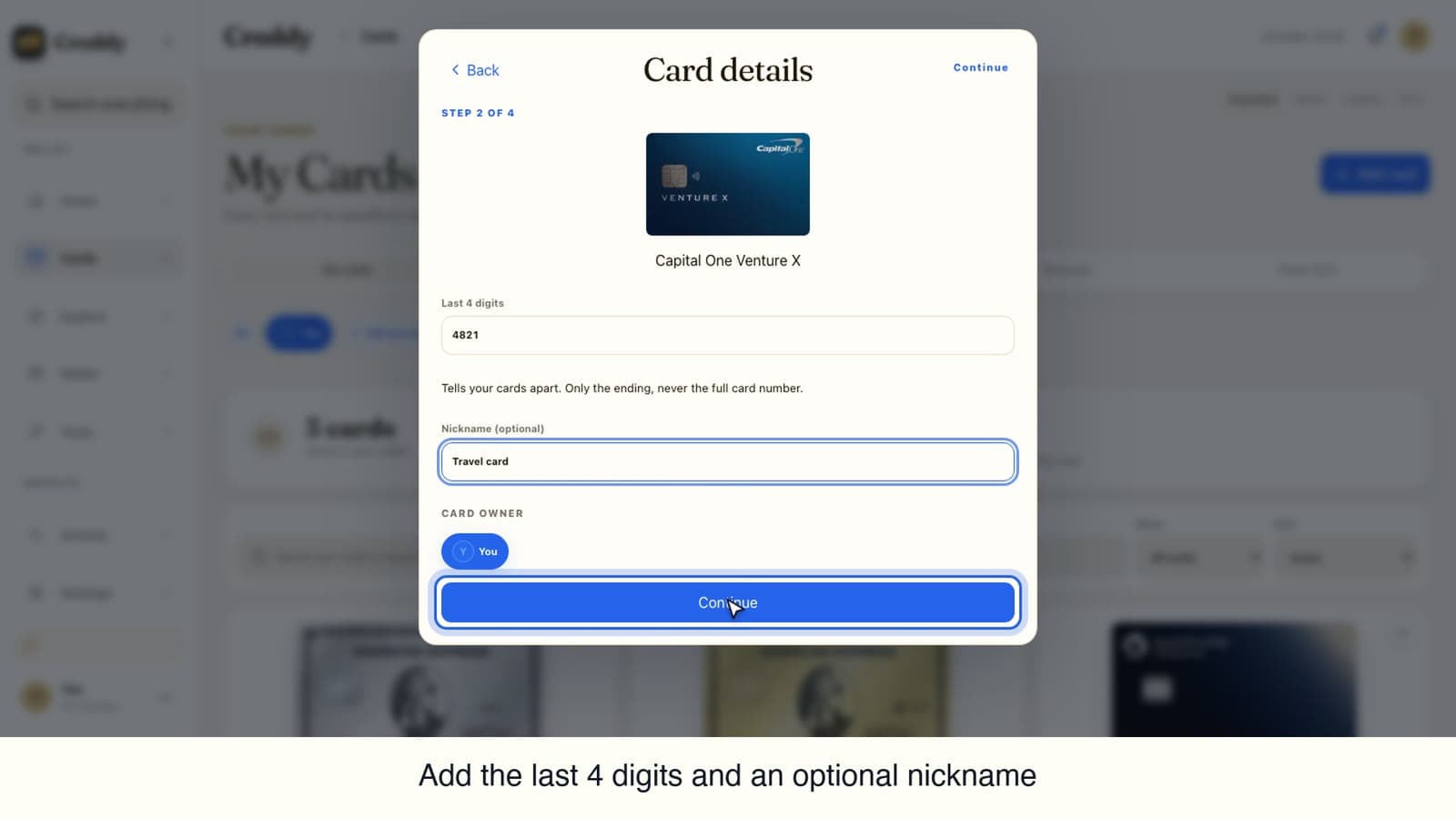 Adding a card to the Creddy wallet