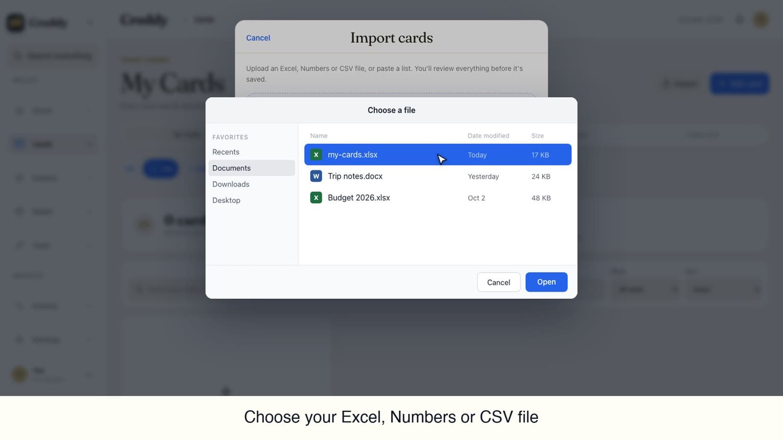 Importing a spreadsheet of cards into the Creddy wallet
