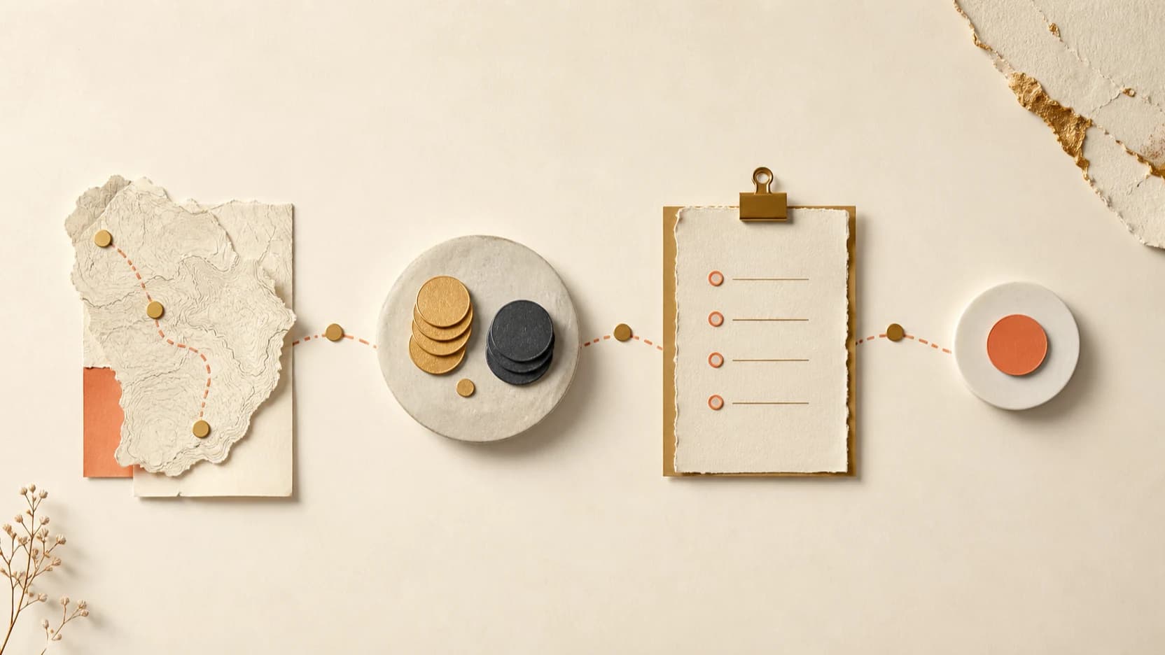 Four visual stations representing trip choice, price comparison, benefit review, and decision