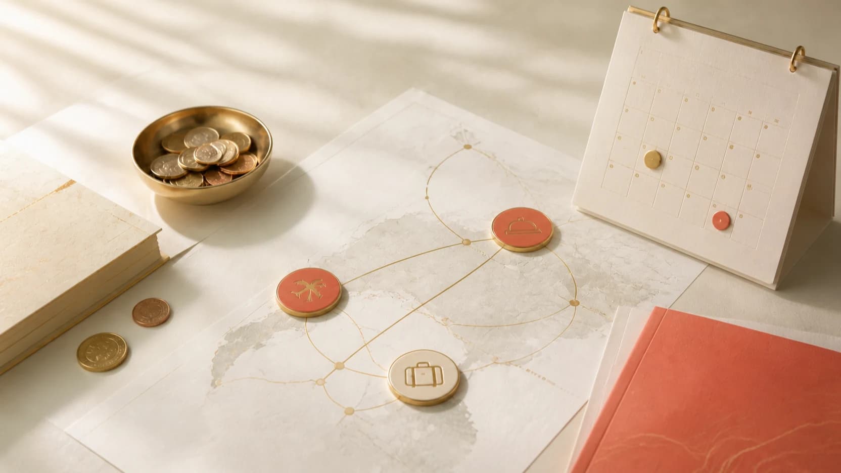 Travel-planning materials connecting a route map, points, benefits, and a calendar
